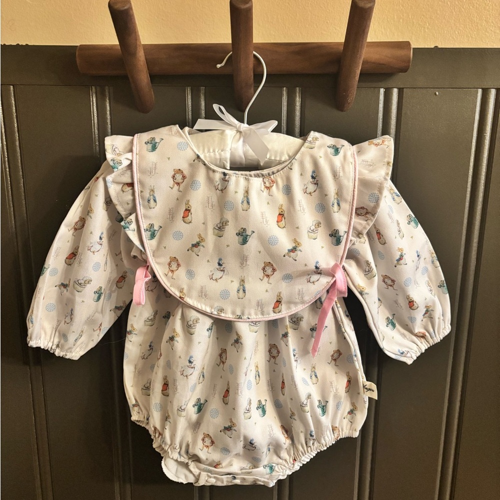 Peter Rabbit Baby Bubble with Ruffle Details and Removable Bib.